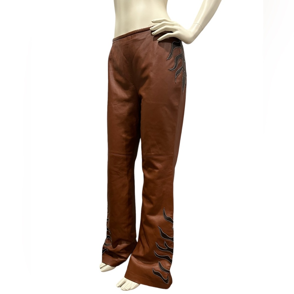 Designer Luxury ESCADA Studded Flames Lamb Leather Pant Sz 40 VTG 90’s Y2K Rodeo